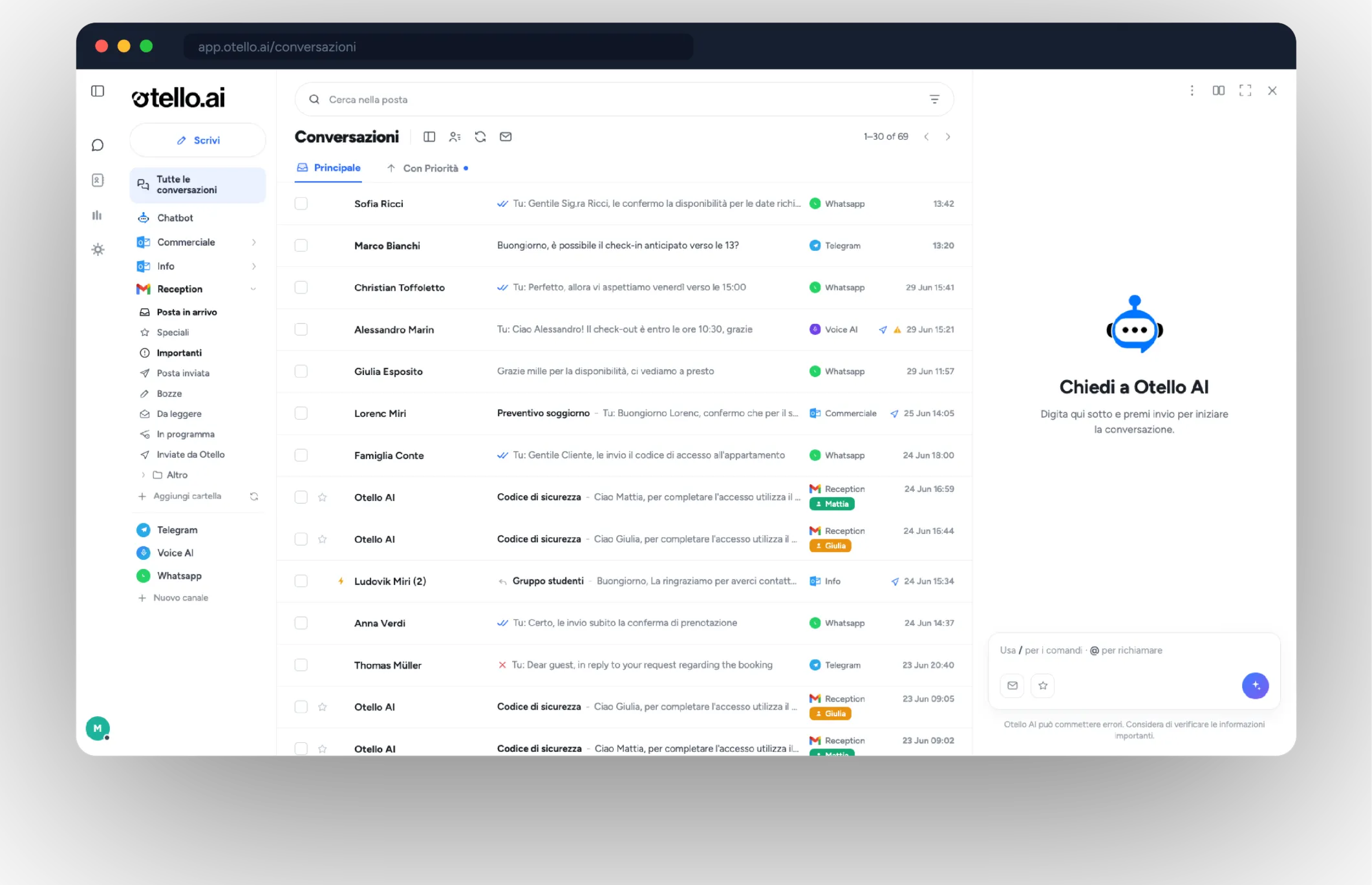 Console Otello: inbox unificata con canali WhatsApp, Telegram, Voice AI ed email