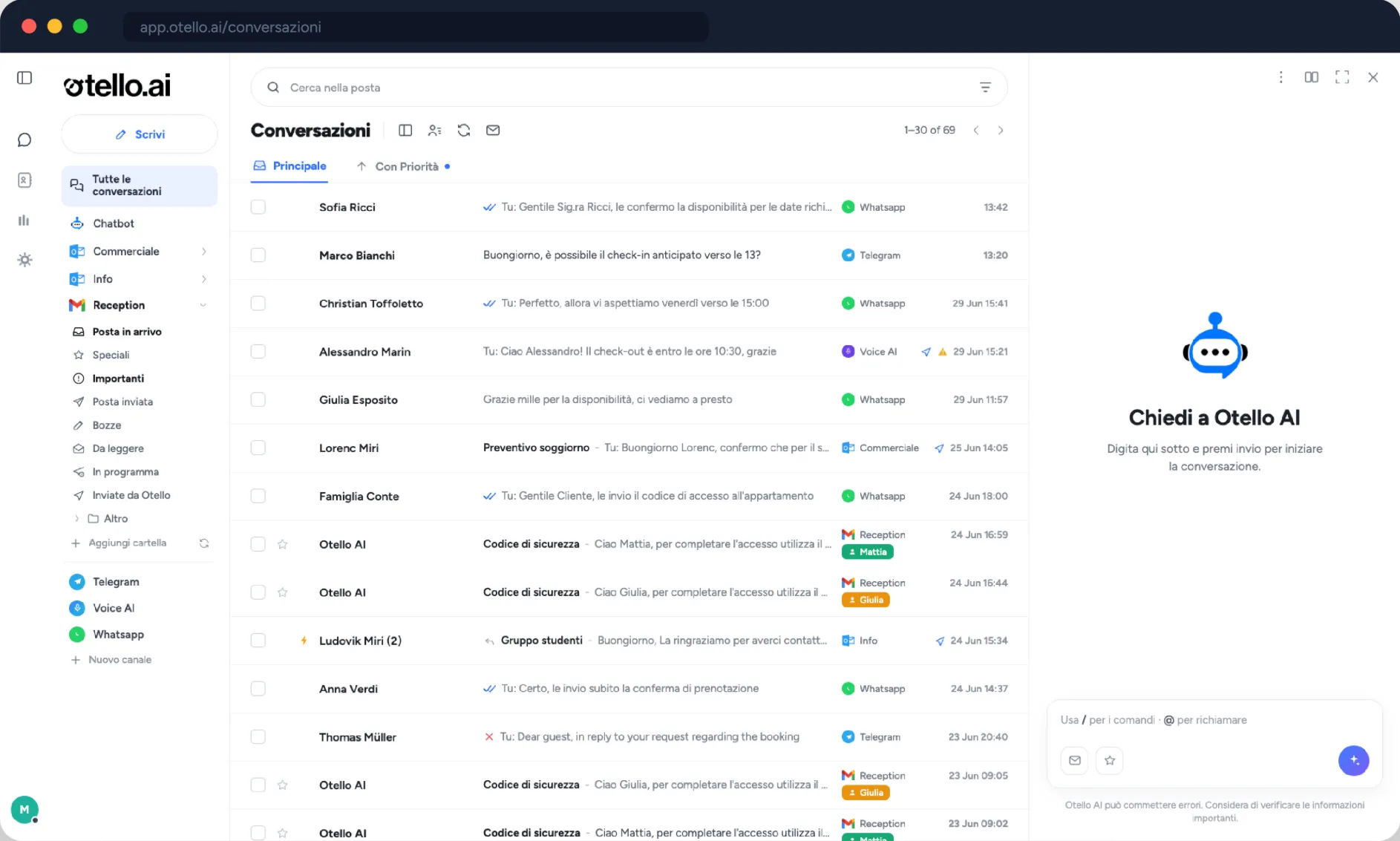 Console Otello, vista Conversazioni con inbox multi-canale